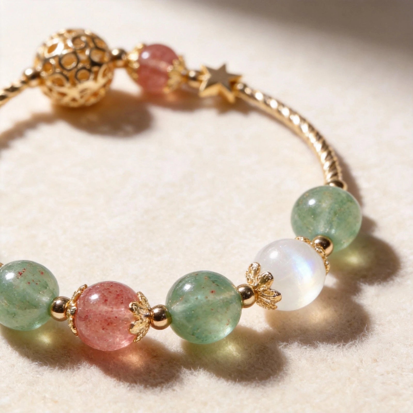 Heart Balance Bracelet — Strawberry Quartz, Green Strawberry Quartz & White Cat’s Eye