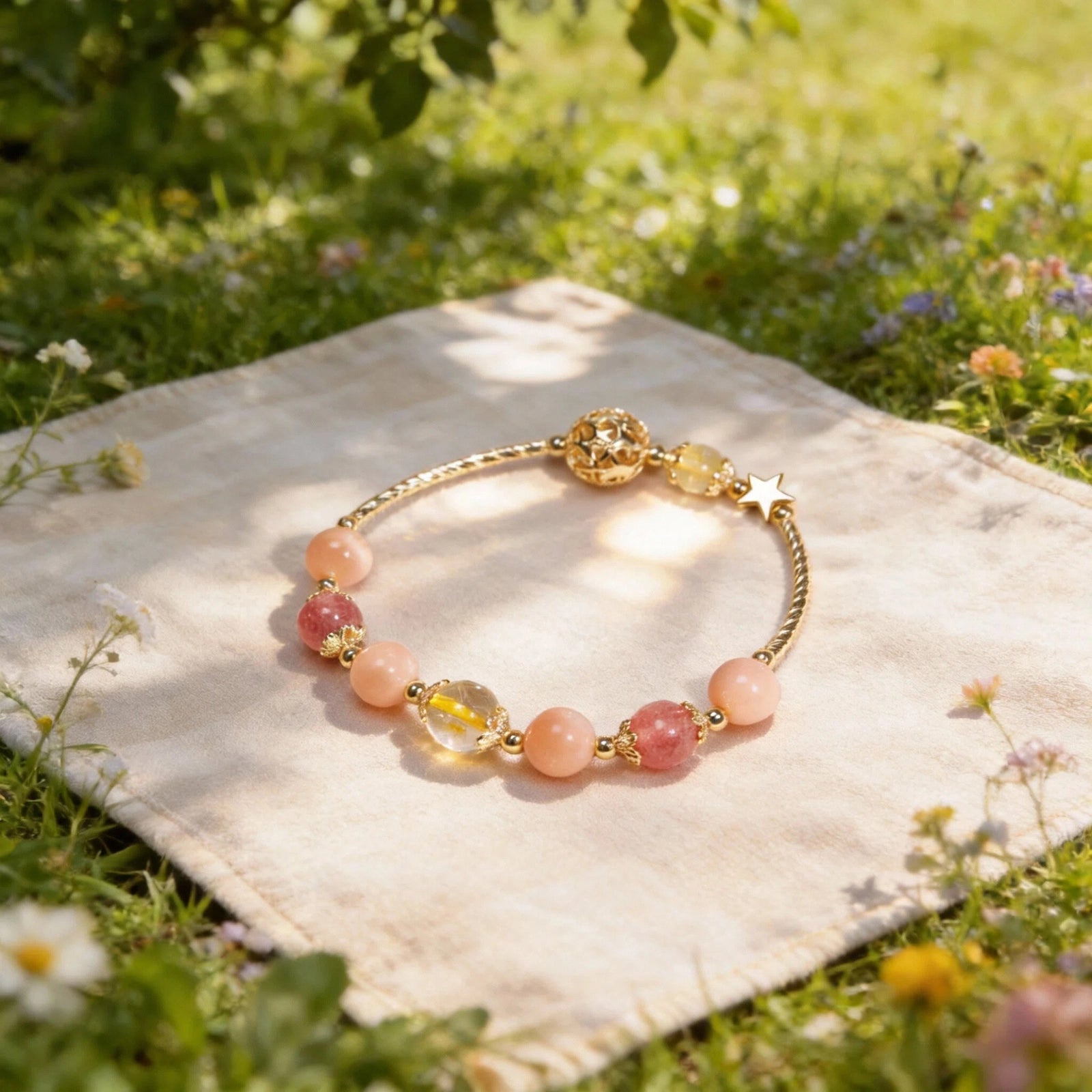Radiant Momentum Bracelet — Strawberry Quartz, Golden Rutilated Quartz & Sunstone