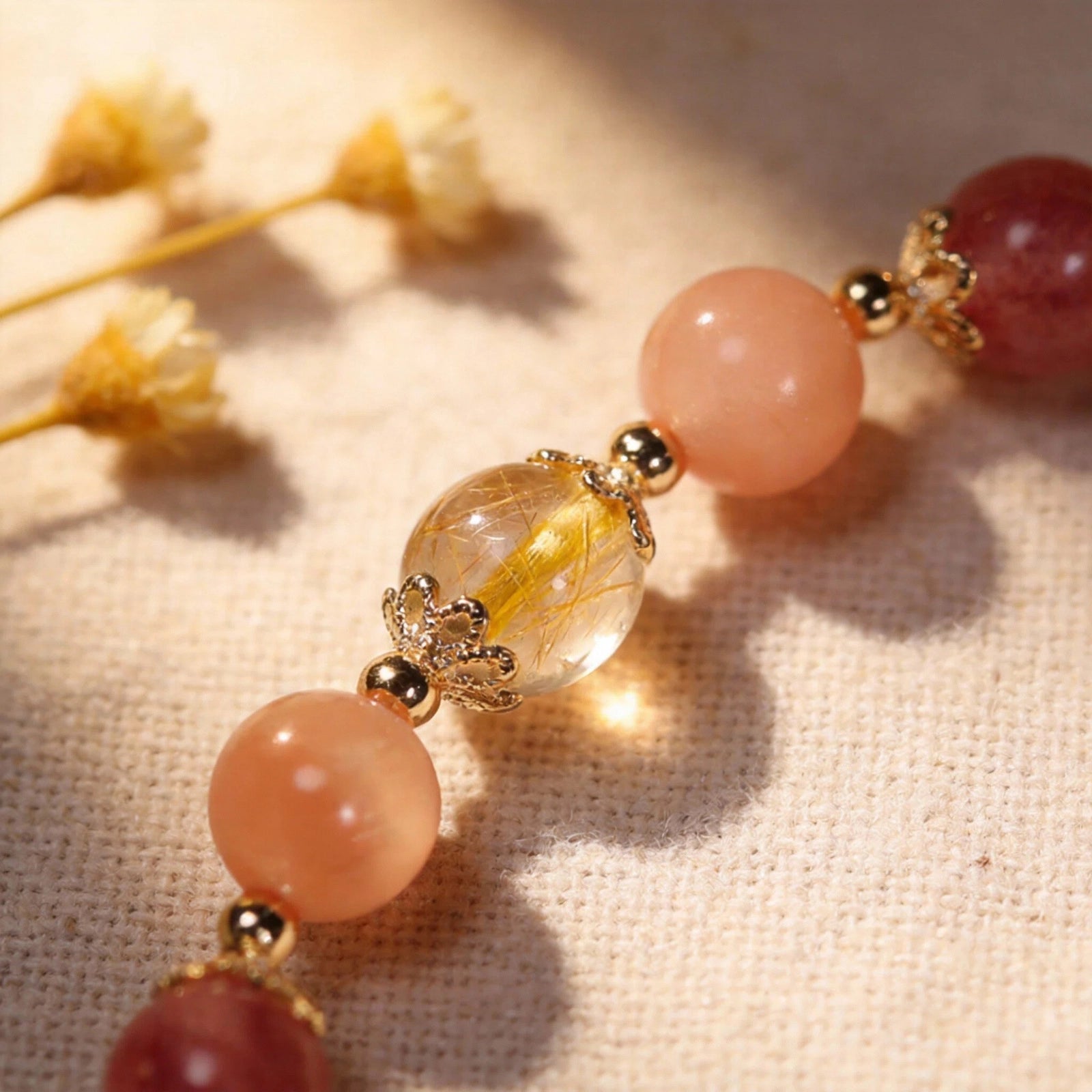 Radiant Momentum Bracelet — Strawberry Quartz, Golden Rutilated Quartz & Sunstone