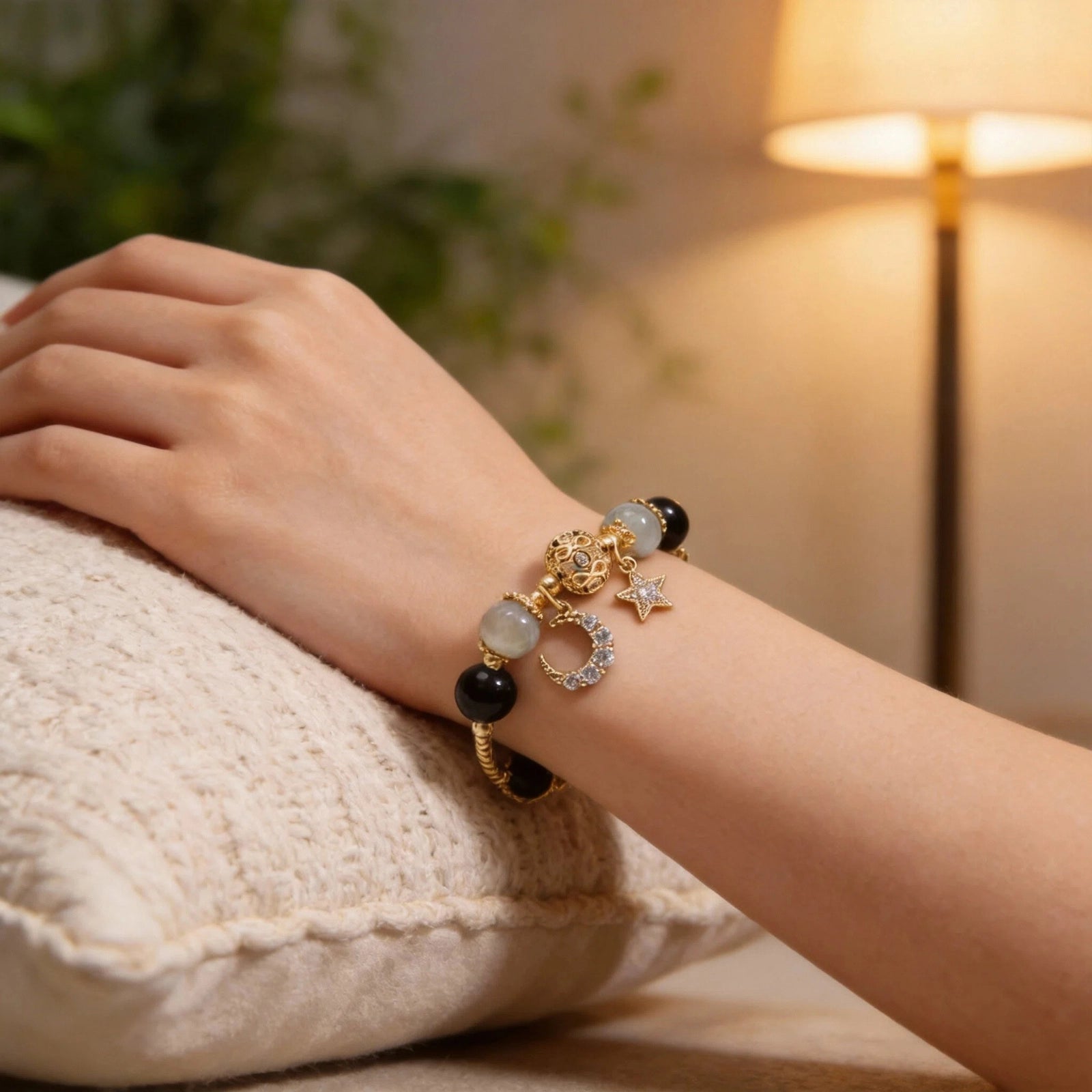 Nocturne Guard Bracelet — Black Agate & Star-Moon Beads