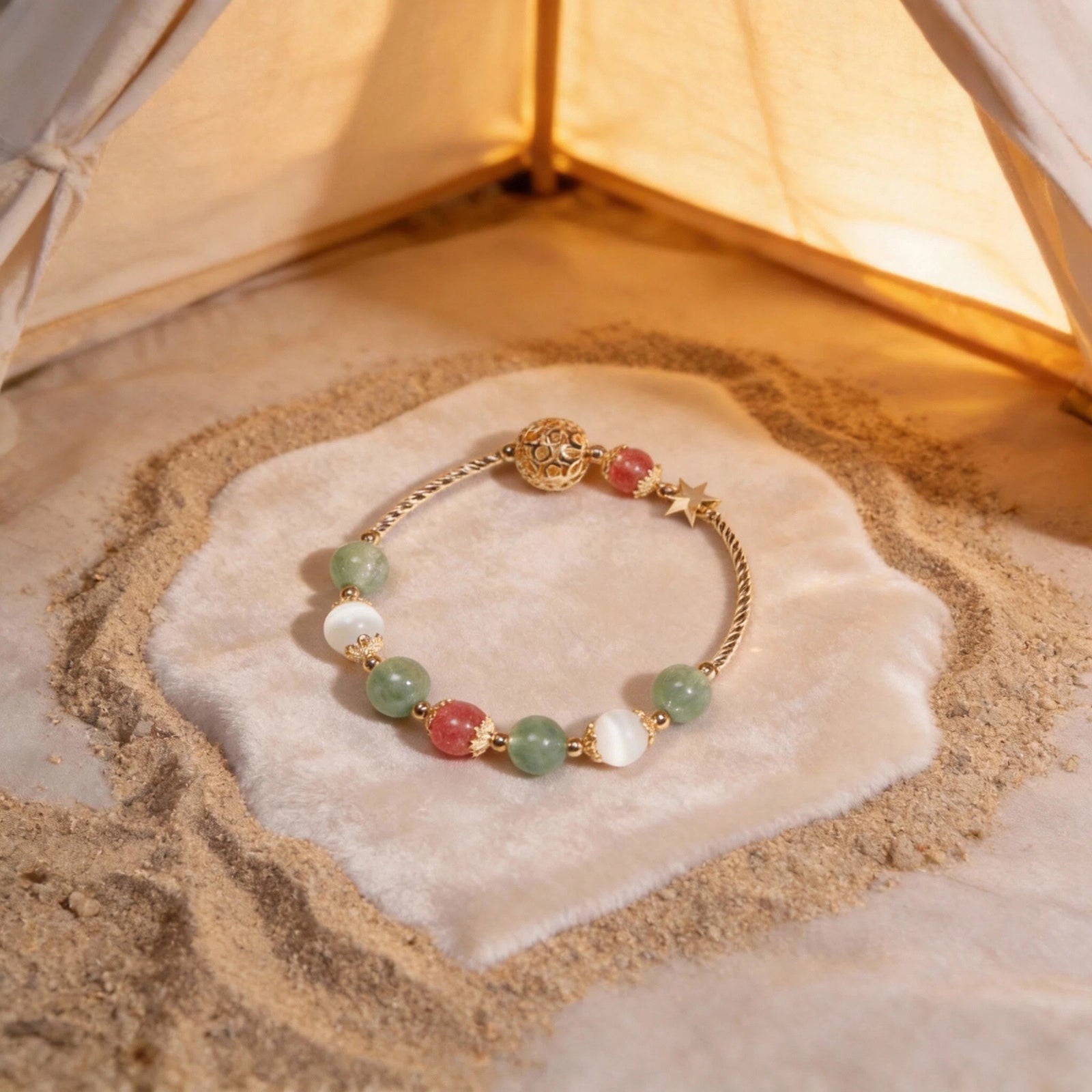 Heart Balance Bracelet — Strawberry Quartz, Green Strawberry Quartz & White Cat’s Eye