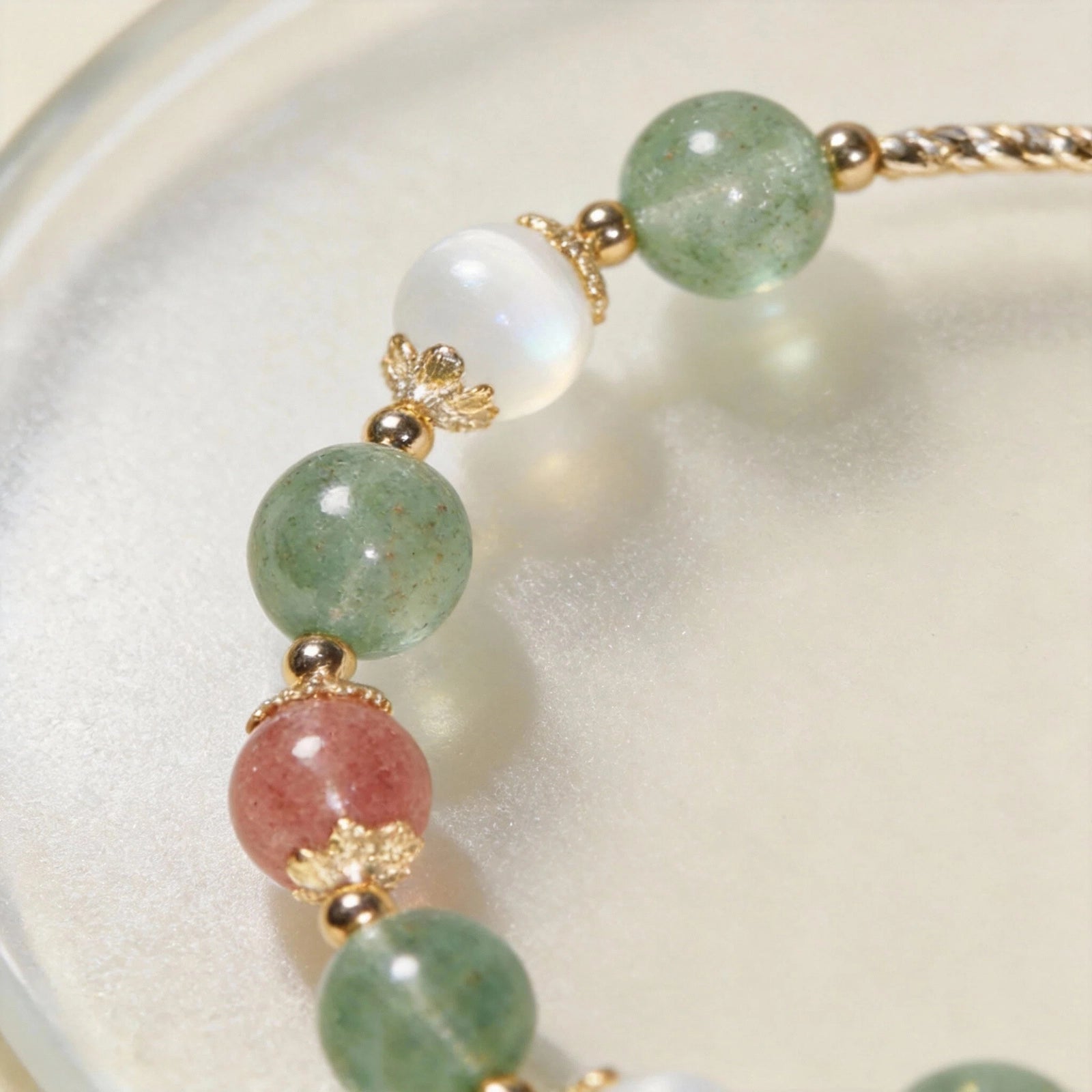 Heart Balance Bracelet — Strawberry Quartz, Green Strawberry Quartz & White Cat’s Eye