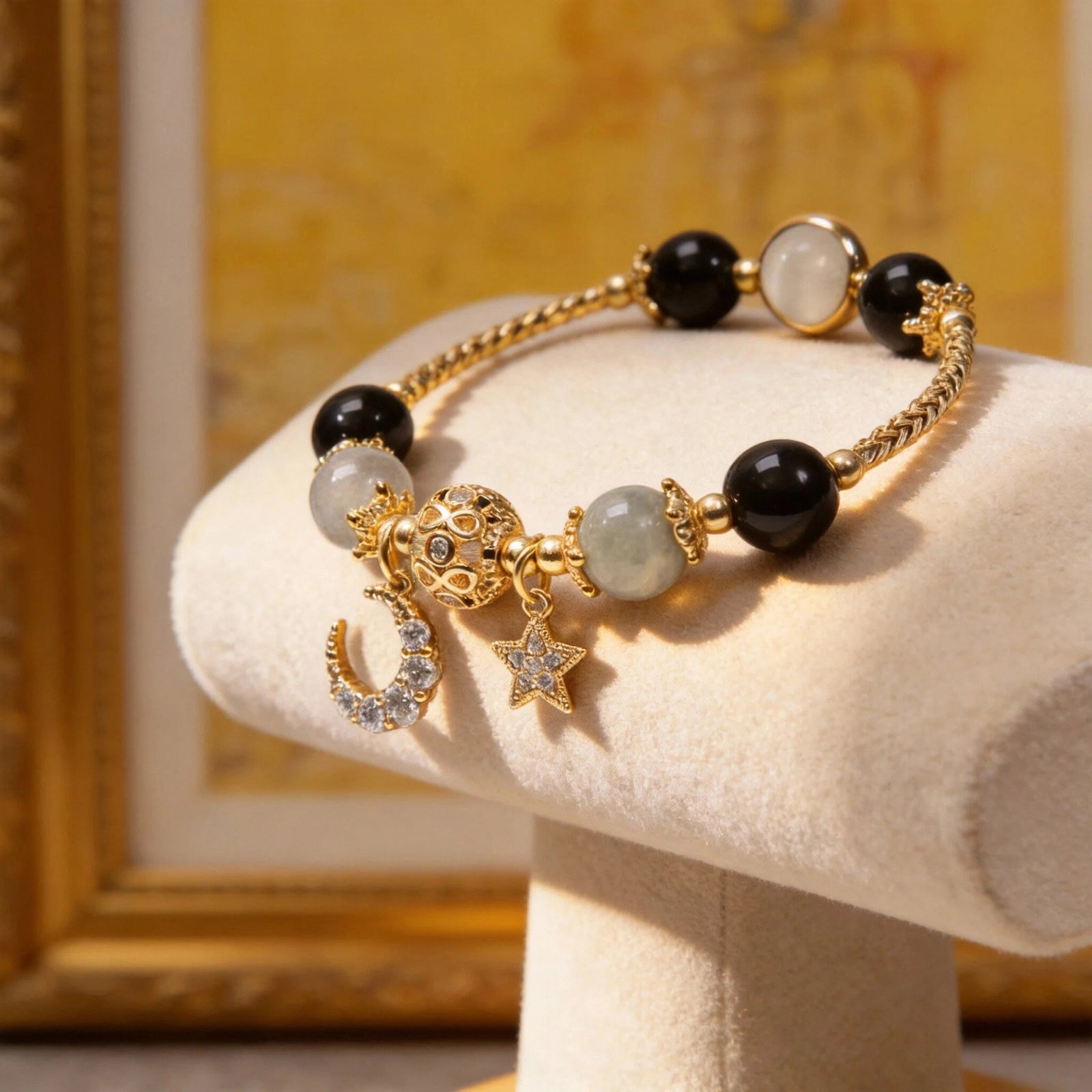 Nocturne Guard Bracelet — Black Agate & Star-Moon Beads
