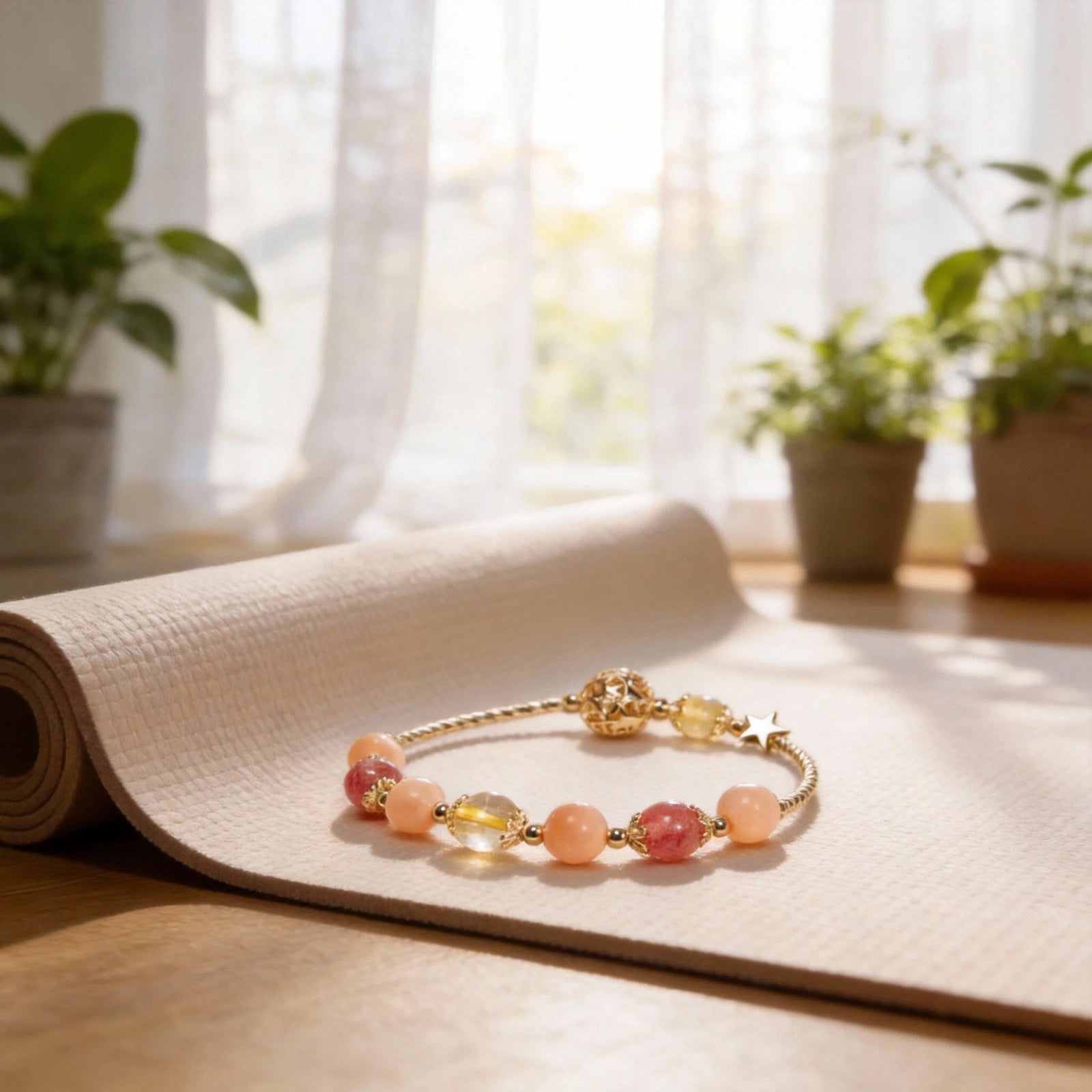 Radiant Momentum Bracelet — Strawberry Quartz, Golden Rutilated Quartz & Sunstone