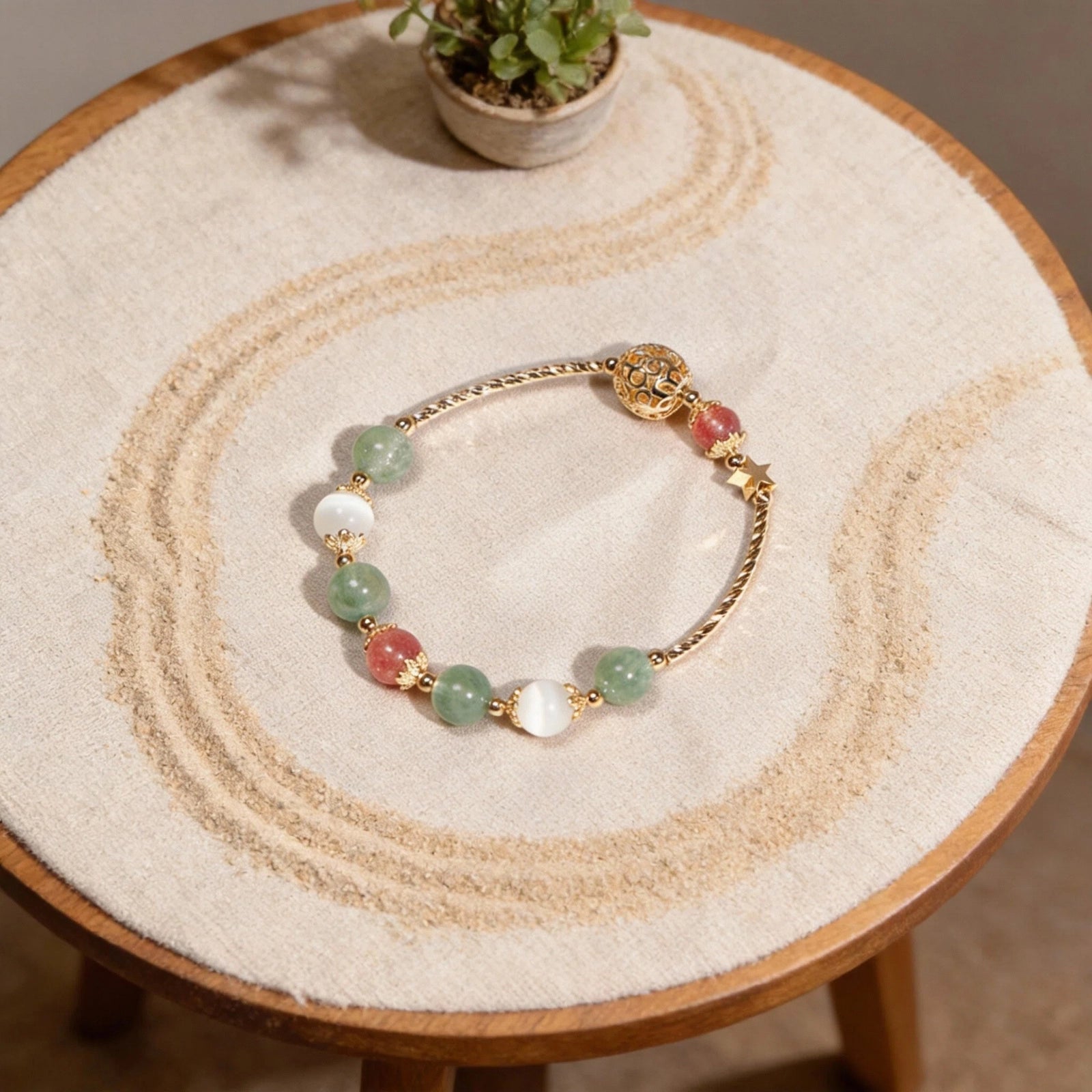 Heart Balance Bracelet — Strawberry Quartz, Green Strawberry Quartz & White Cat’s Eye