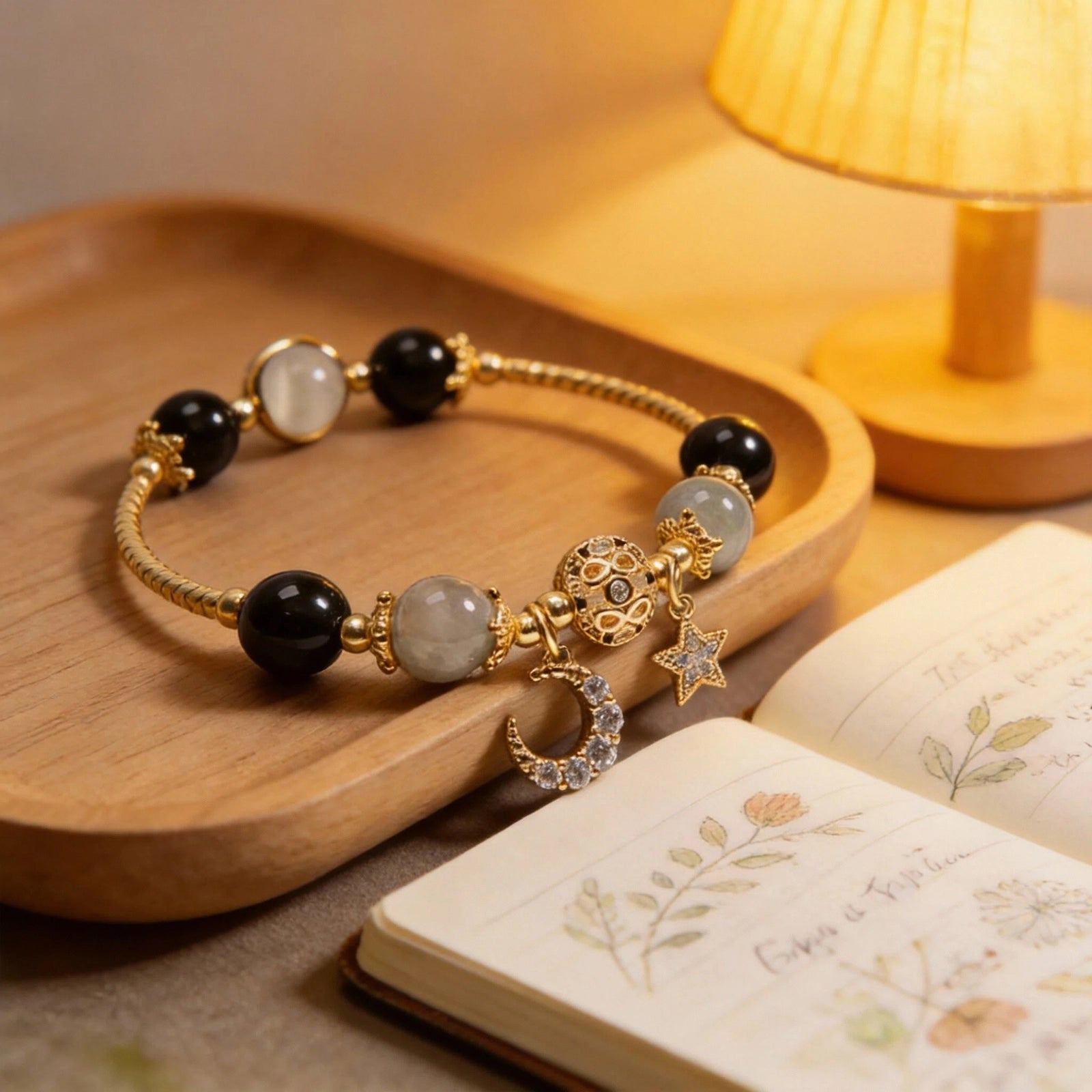 Nocturne Guard Bracelet — Black Agate & Star-Moon Beads