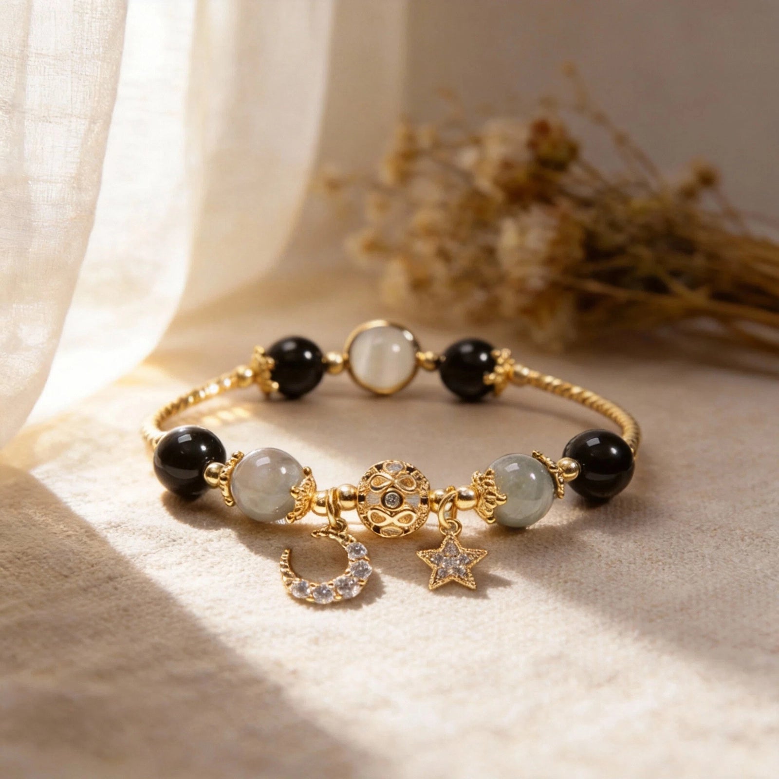 Nocturne Guard Bracelet — Black Agate & Star-Moon Beads