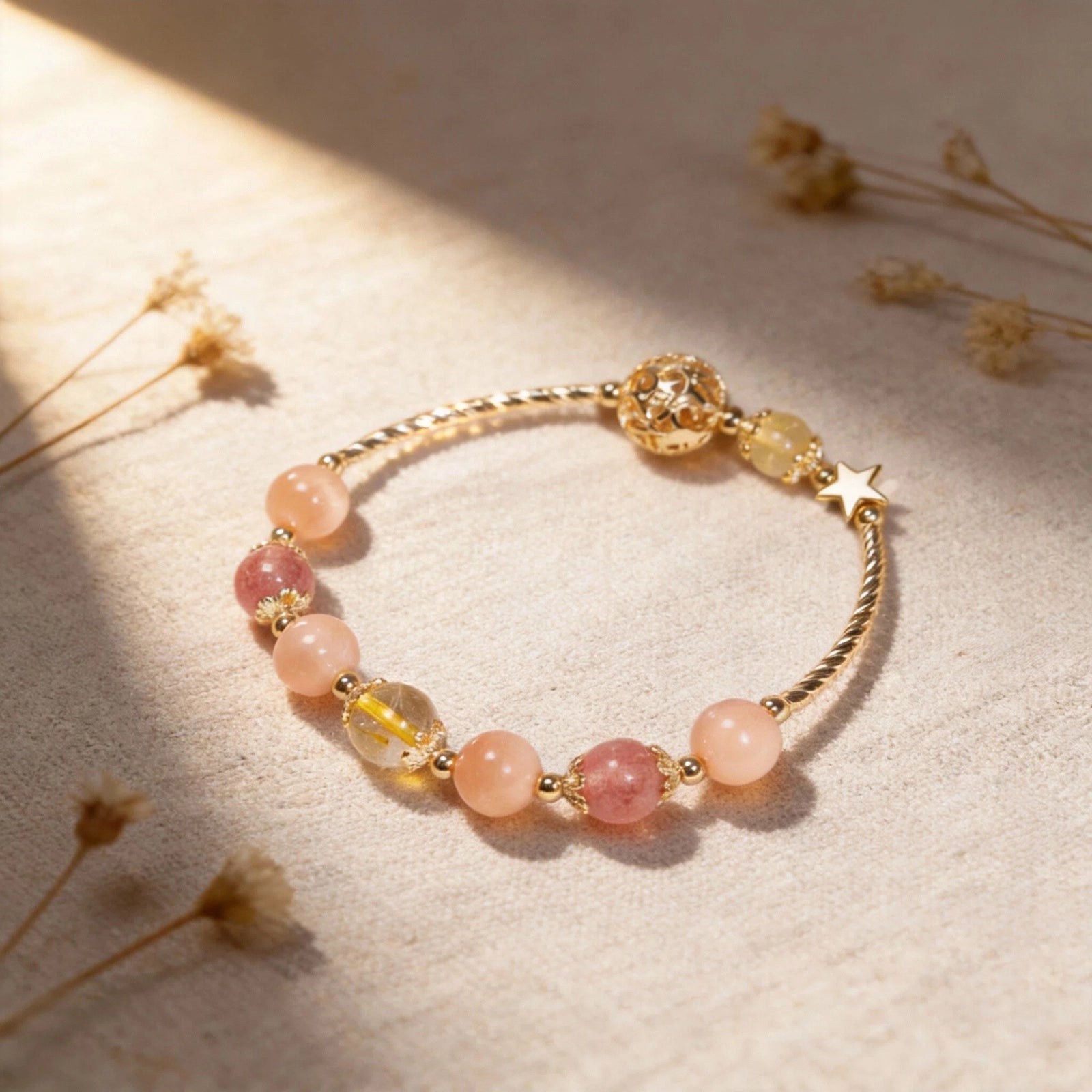Radiant Momentum Bracelet — Strawberry Quartz, Golden Rutilated Quartz & Sunstone