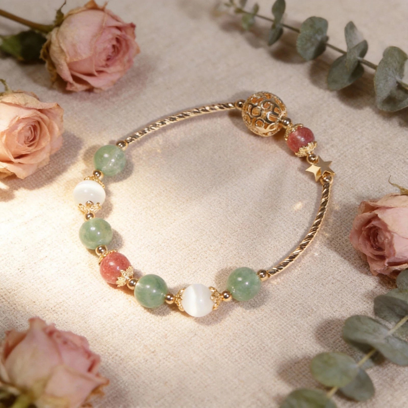 Heart Balance Bracelet — Strawberry Quartz, Green Strawberry Quartz & White Cat’s Eye